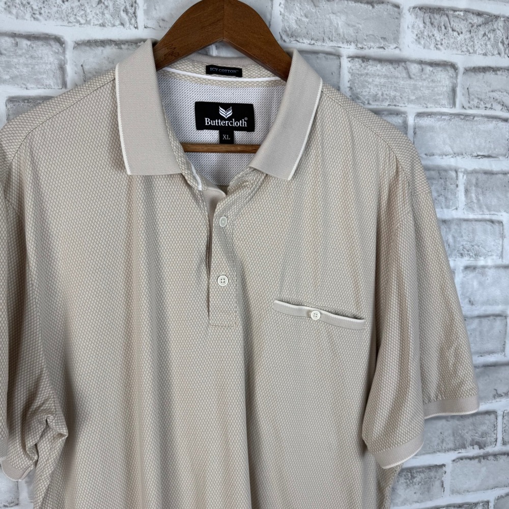 Buttercloth Icy Cotton Polo Shirt Mens XL Tan Cream Diamond Print Short Sleeve